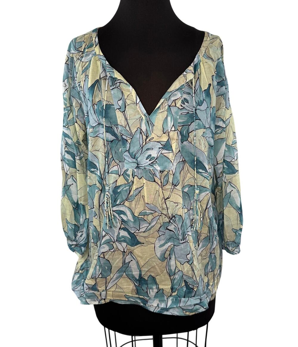 Tyler Boe Blue Green Blouse Abstract Floral Split Neck Tassel 3/4 Sleeve Large L